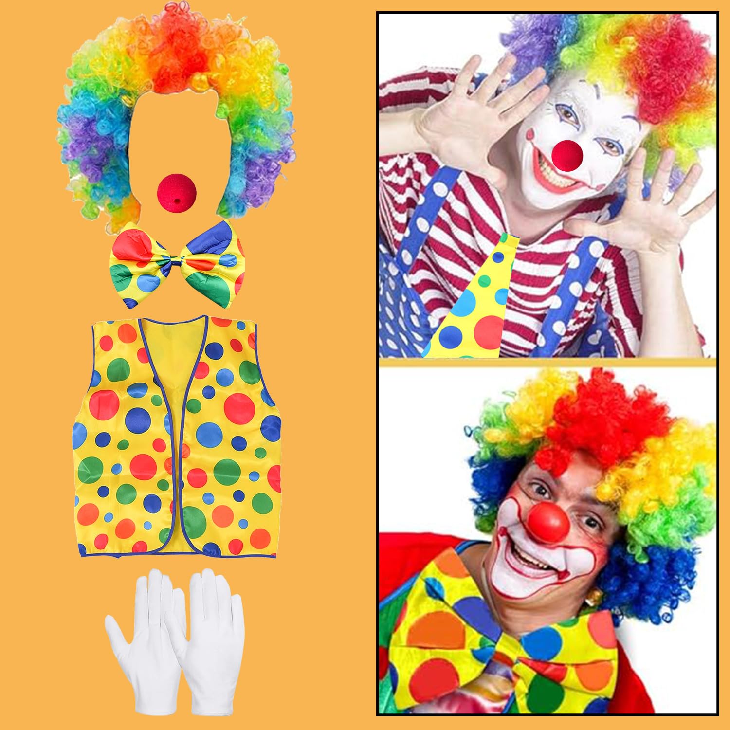 RmKbe 6pcs Clown Costume Kit Rainbow Clown Wig Clown Vest Clown Bow Tie Clown Nose White Gloves Clown Dress Up Costume Accessories for Halloween Party - Image 3