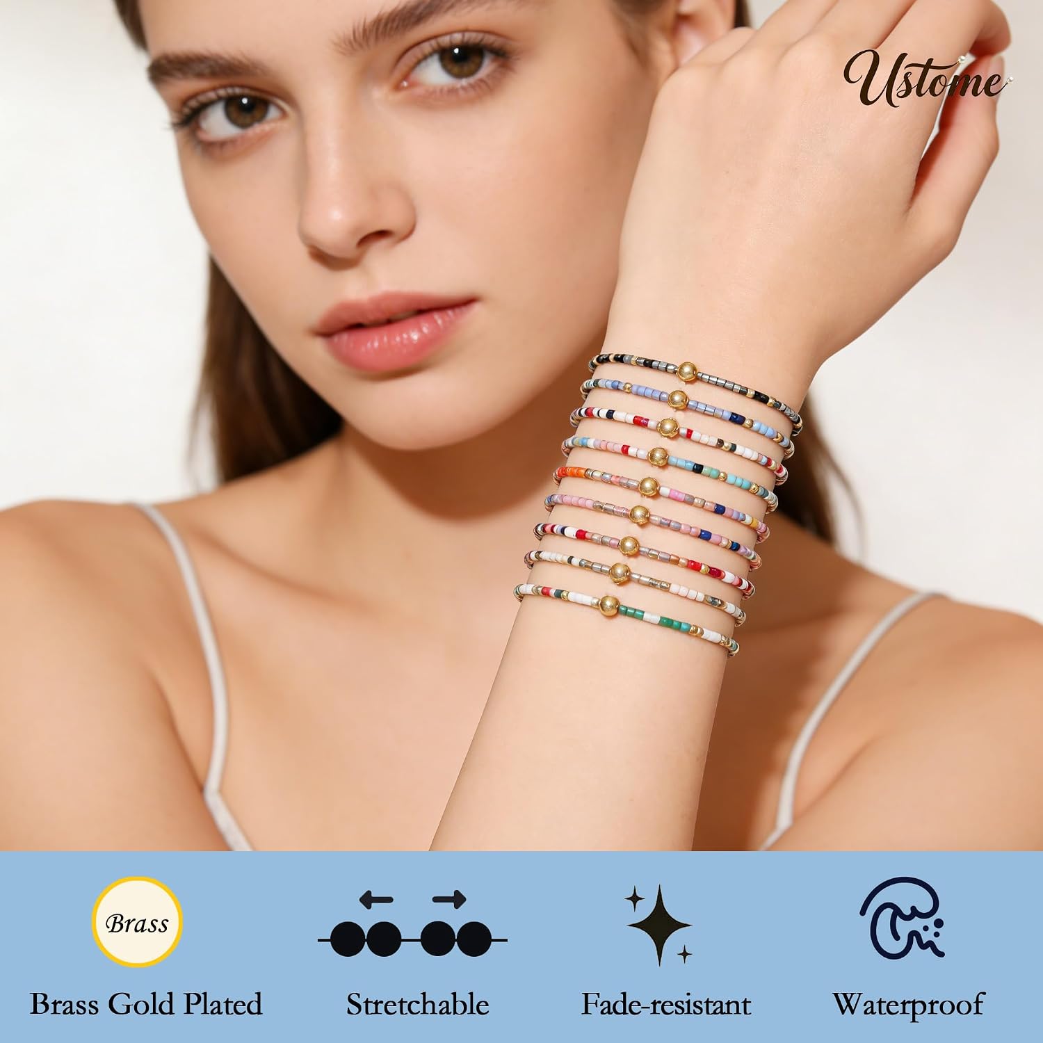 Colorful Stackable Rice Small Mini Seed Beaded Bracelets Set For Women, Handmade Dainty Boho Gold Glass Stretch Accessories Jewelry,Summer Beach Party Daily Friendship Gift