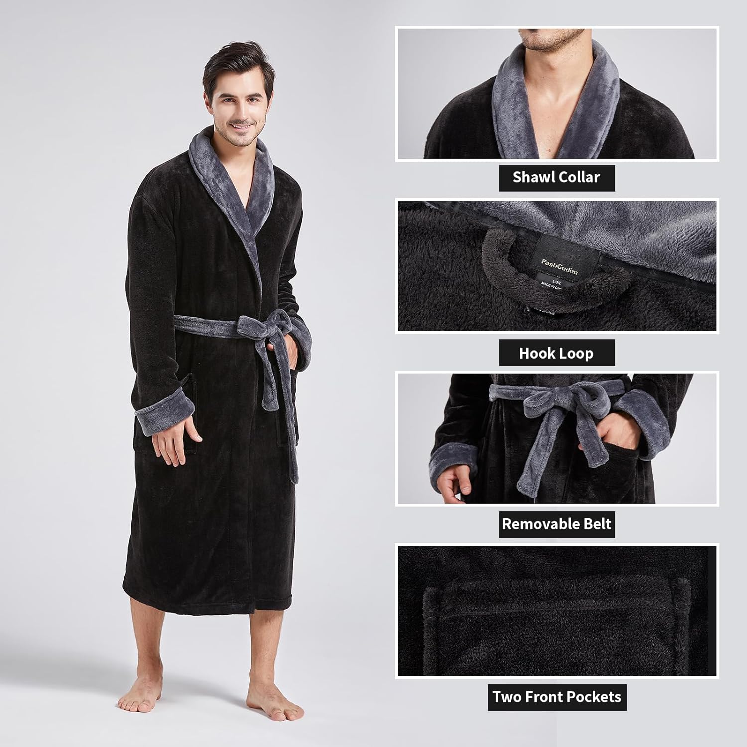 FashGudim Mens Robe Plush Robes for Men Warm Soft Fleece Bathrobe Calf Length Shawl Collar Short House Robes with Pockets - Image 3