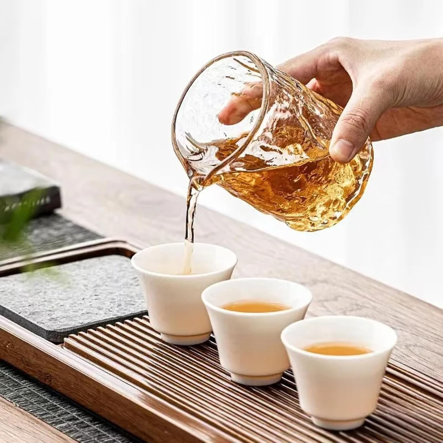 Transparent Hammered Texture Glass Fairness Cup, 300ml 10.2oz, Tea Pitcher Kungfu Tea Set Accessories