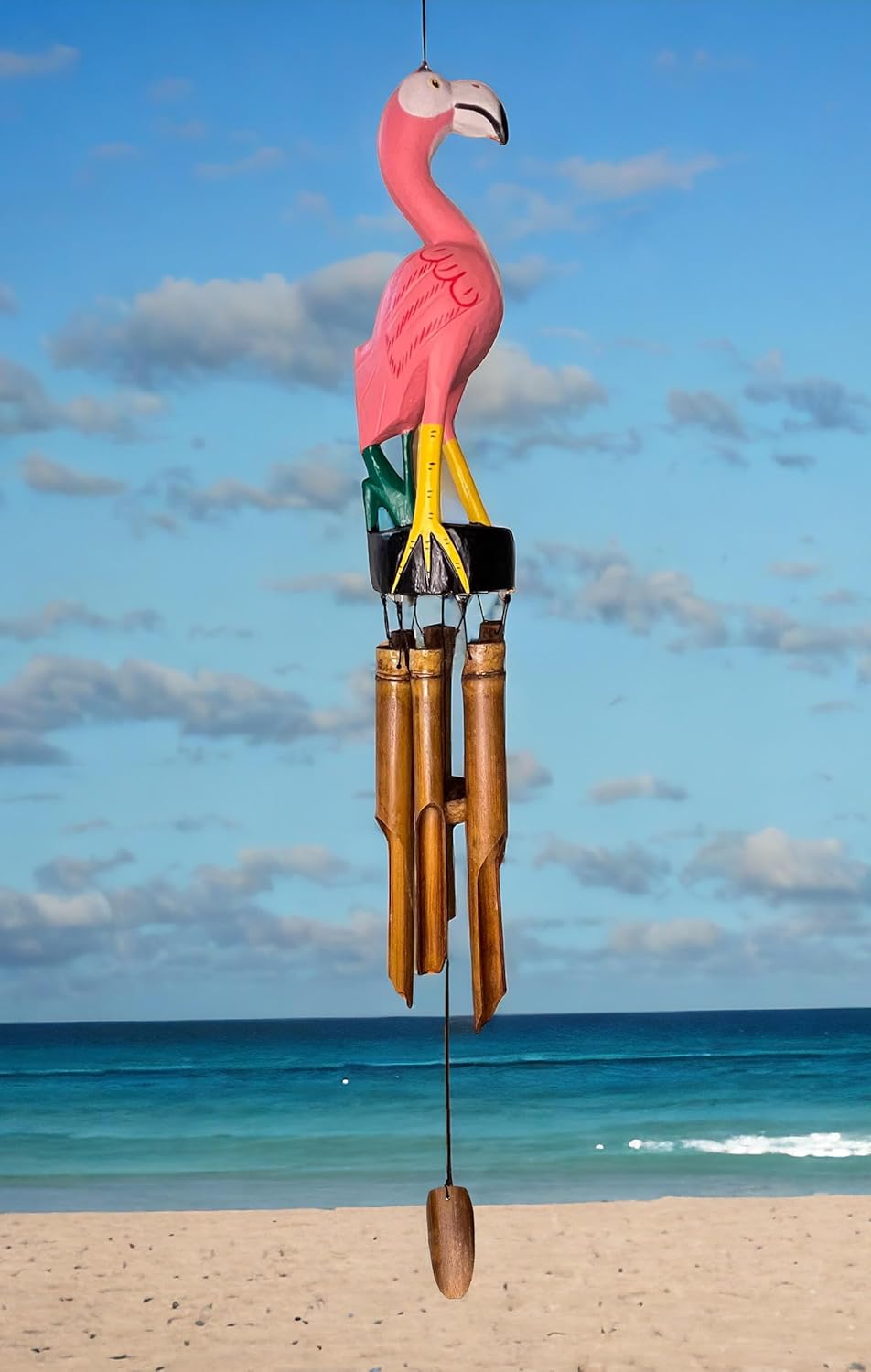 Pink Flamingo Windchime – Large Unique Rustic Tropical Outdoors - Bamboo & Wood Hanging Garden Décor – Relaxing Calming Deep Tones