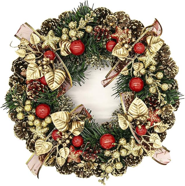 Classic Christmas Wreath 40cm - Luxury Xmas Festive Decoration with Pine Cones and Red Berries for Fireplace Door Frame