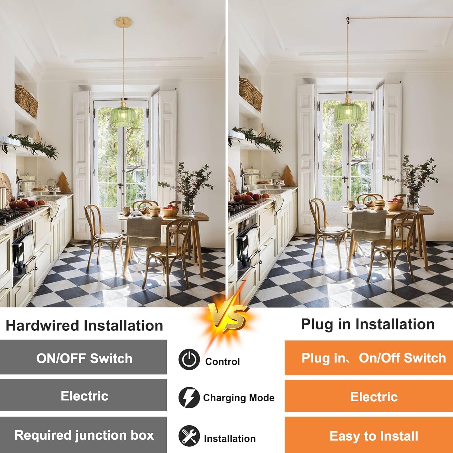 Shenmoyl Plug in Pendant Light Hanging Light Fixtures with Plugin Cord On/Off Switch,Green Striped Glass Lampshade Brass Pendant Light