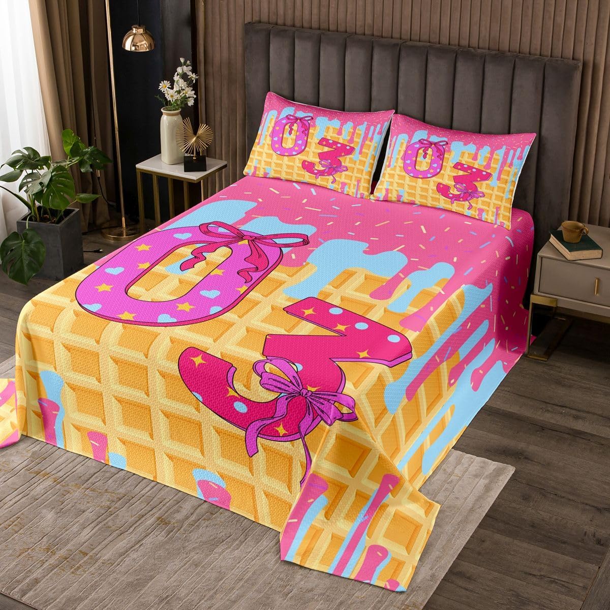 Homewish Letter 08 Quilt Sets Twin Size,Pink Blue Ice Cream Drip Bedspread Coverlet 2Pcs for Kids Girls Boys Room Decor,Pink Purple Bowknot Quilts Set Waffle Dessert Bedding Comforter,1 Pillowcase
