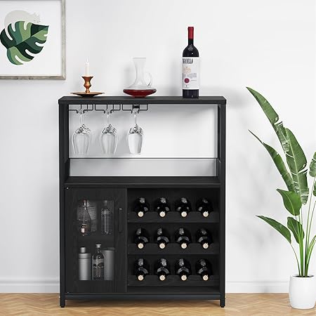 GAOMON Corner Wine Bar Cabinet – With Removable Rack, Glass Holder, Mesh Door, 4-Tier Storage, Gold Finish