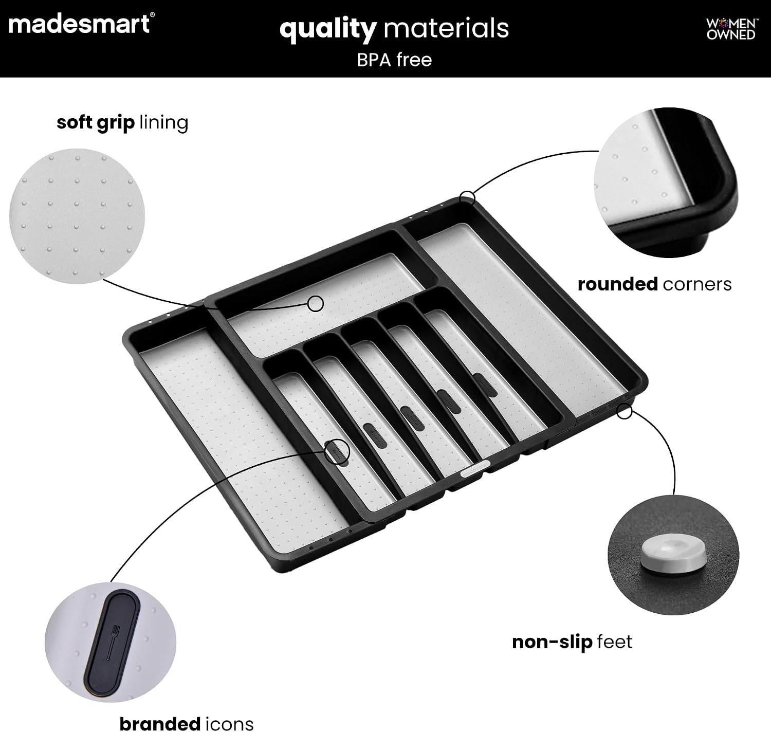 madesmart Classic Expandable Silverware Tray with Soft Grip, Carbon | 6 to 8 compartments, dual-side expansion, non slip feet, 16 to 21 inch drawer fit