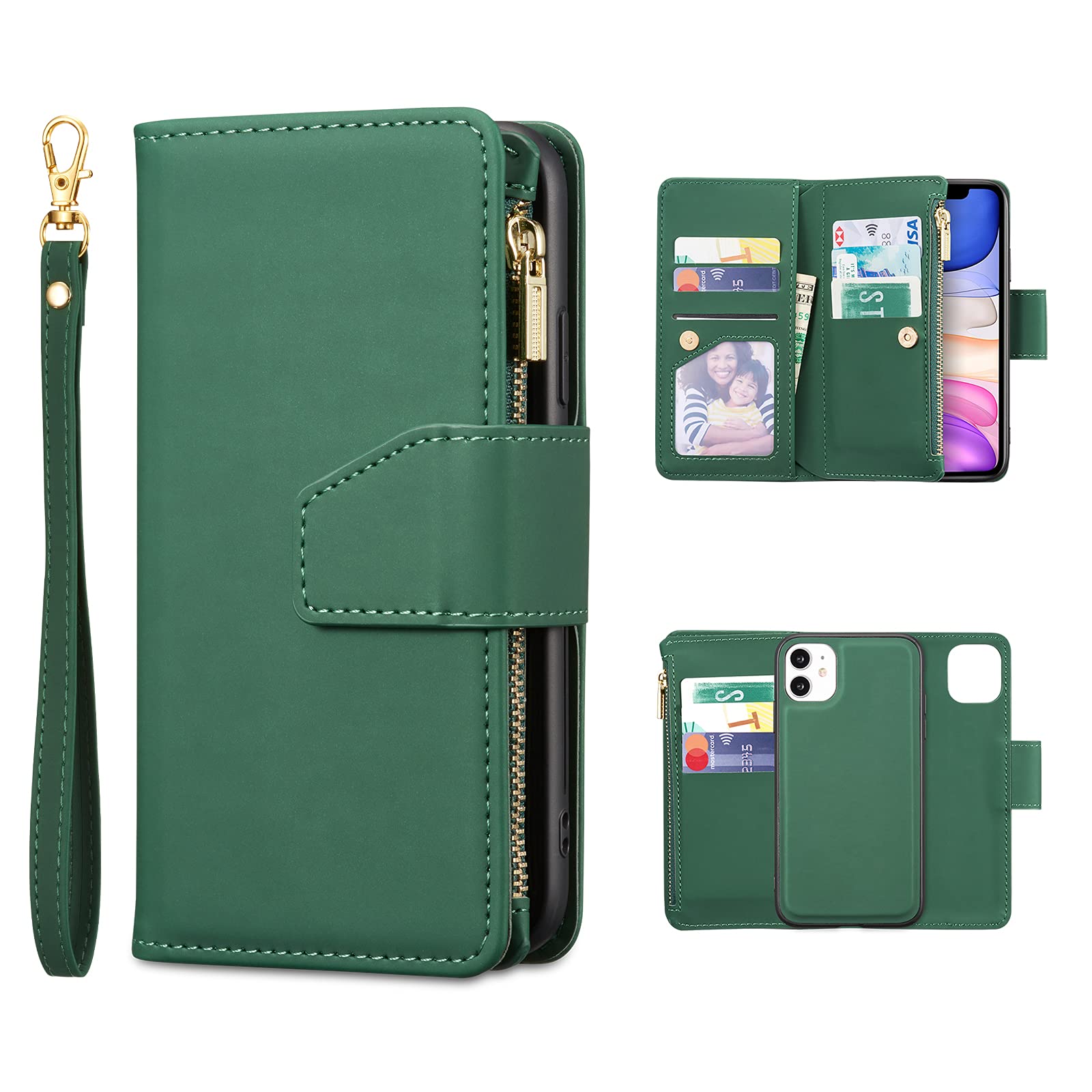 EYZUTAK Case for iPhone 13 Pro 6.1 inch, Glossy PU Leather 9 Card Slots Magnetic Closure Detachable Wrist Strap Zipper Wallet Shockproof Removable Back Cover Case - Dark Green