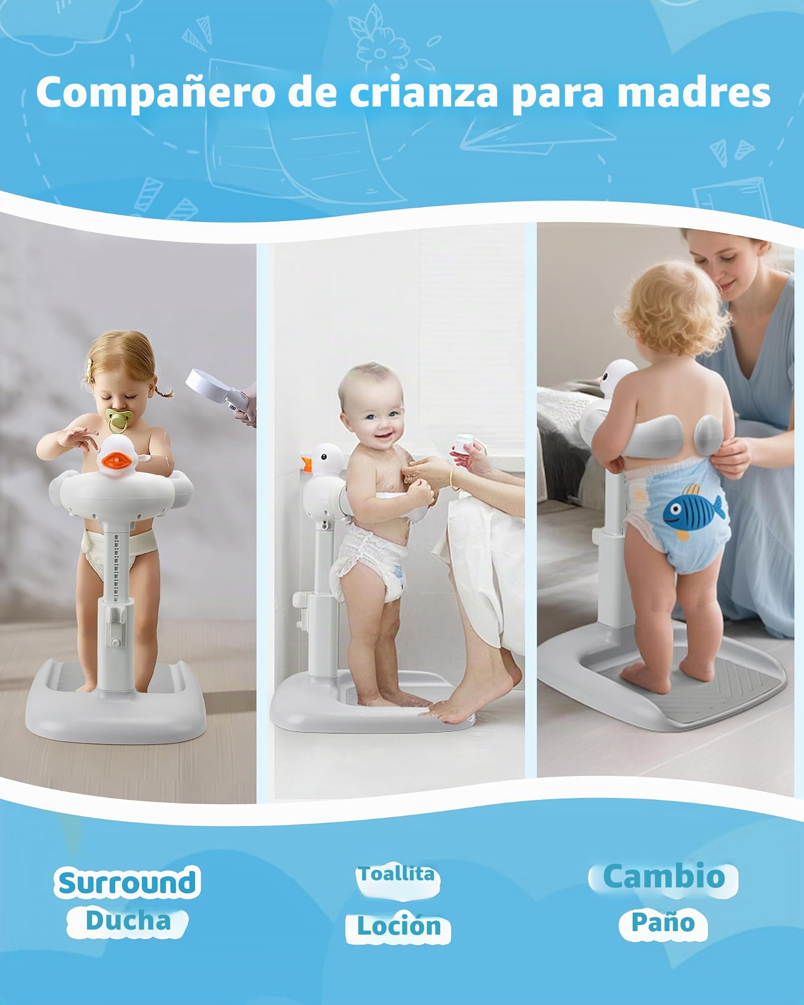 Altura ajustable para la bañera de bebé con asiento: ducha de pie con asiento para niños a partir de 6 meses – Base antideslizante y diseño de pato ayuda a la ducha infantil