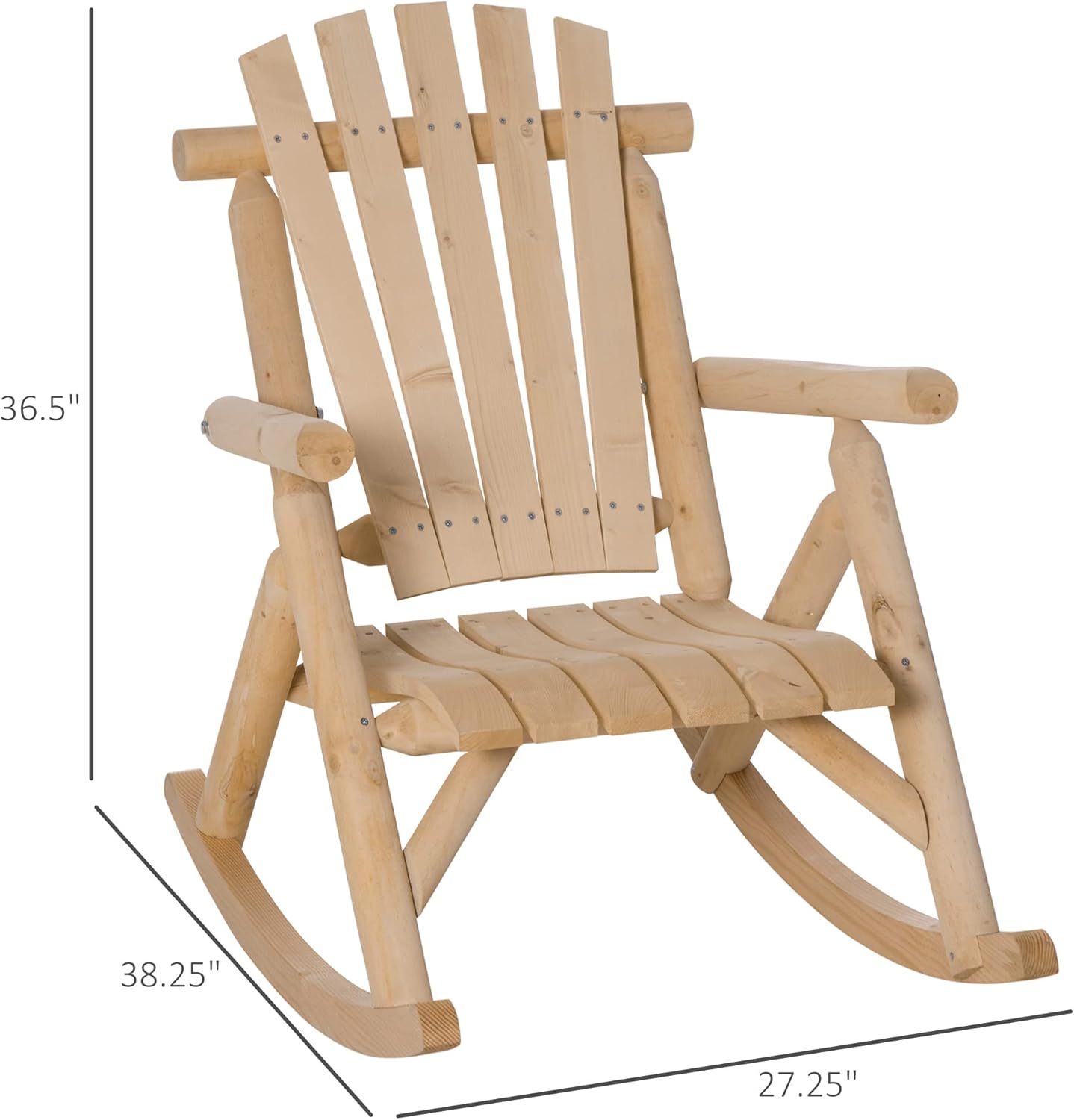 Outsunny Outdoor Wooden Rocking Chair, Single-Person Rustic Adirondack Rocker with Slatted Seat, High Backrest, Armrests for Patio, Garden and Porch, Natural