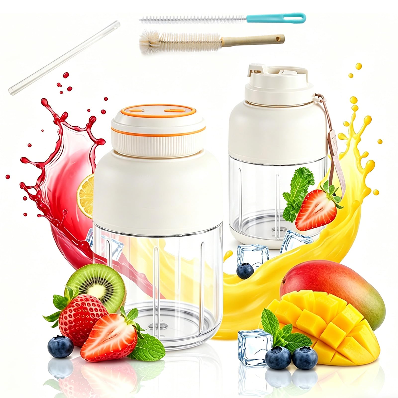 Portable Wireless Juicer Cup, 28/45 Oz Large Capacity Portable Blender for Shakes and Smoothies, 38-Blade Personal Juicer Bottles, USB Rechargeable Dual Lid Cup Crushes Ice (2 cup+2 lid-W,1300ML)