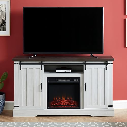 EDYO LIVING Mueble de TV con chimenea eléctrica para TV de 60 pulgadas, centro de entretenimiento con puerta de granero con chimenea y estantes de