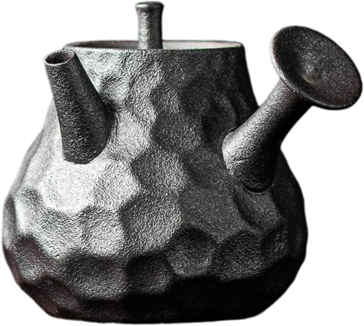 鎏金复古陶瓷侧把茶壶单壶家用小号窑变 Ceramic Kung Fu Tea Set,teapot,Teacups,warming Wedding Birthday Gift,Tea Tray Chinese,Dishwasher Safe 禅风陶黑-锤纹梨型侧把壶【容量190ML】