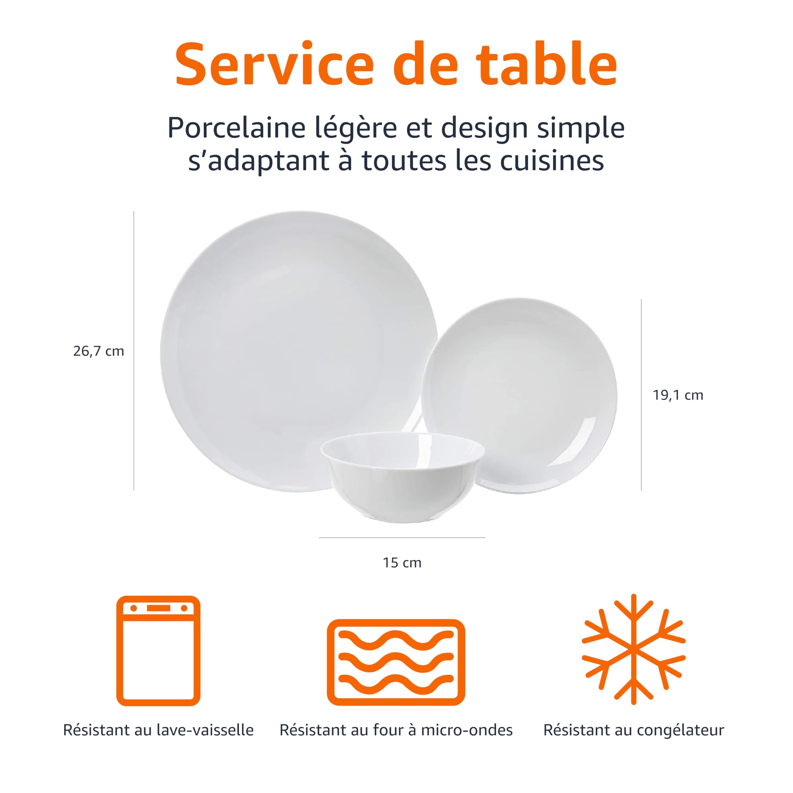 Amazon Basics Service de table 18 pièces , Porcelaine blanche coupée, pour 6 personnes