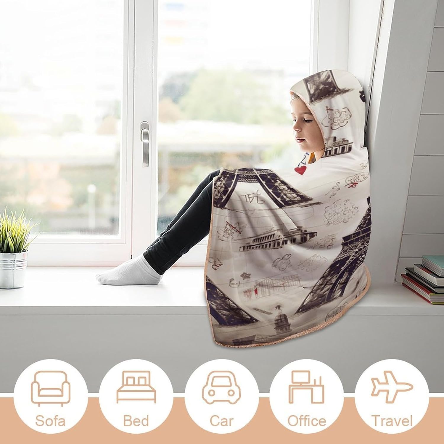 French Paris Tour Eiffel Tower Hooded Blanket Cozy And Functional,Wearable Blanket Hoodie for Women Men,Blanket Poncho Presents60 x80