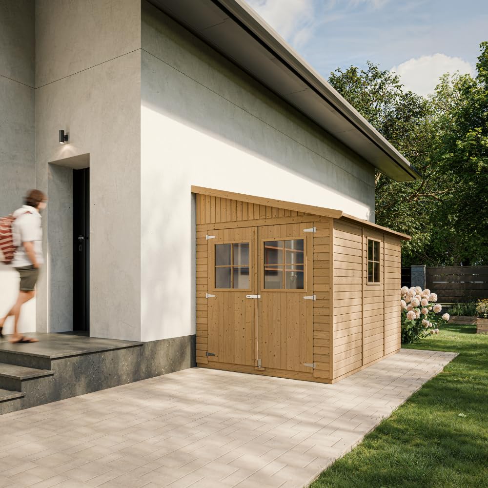 Abri de Jardin en Bois Naturel(avec paroi latérale) avec Les PLANCHERS IMPRÉGNÉ- Stockage extérieur avec fenêtres- H244x218x318 cm/6 m2 - Atelier Rangement Outils et vélos- TIMBELA M339A+M339G