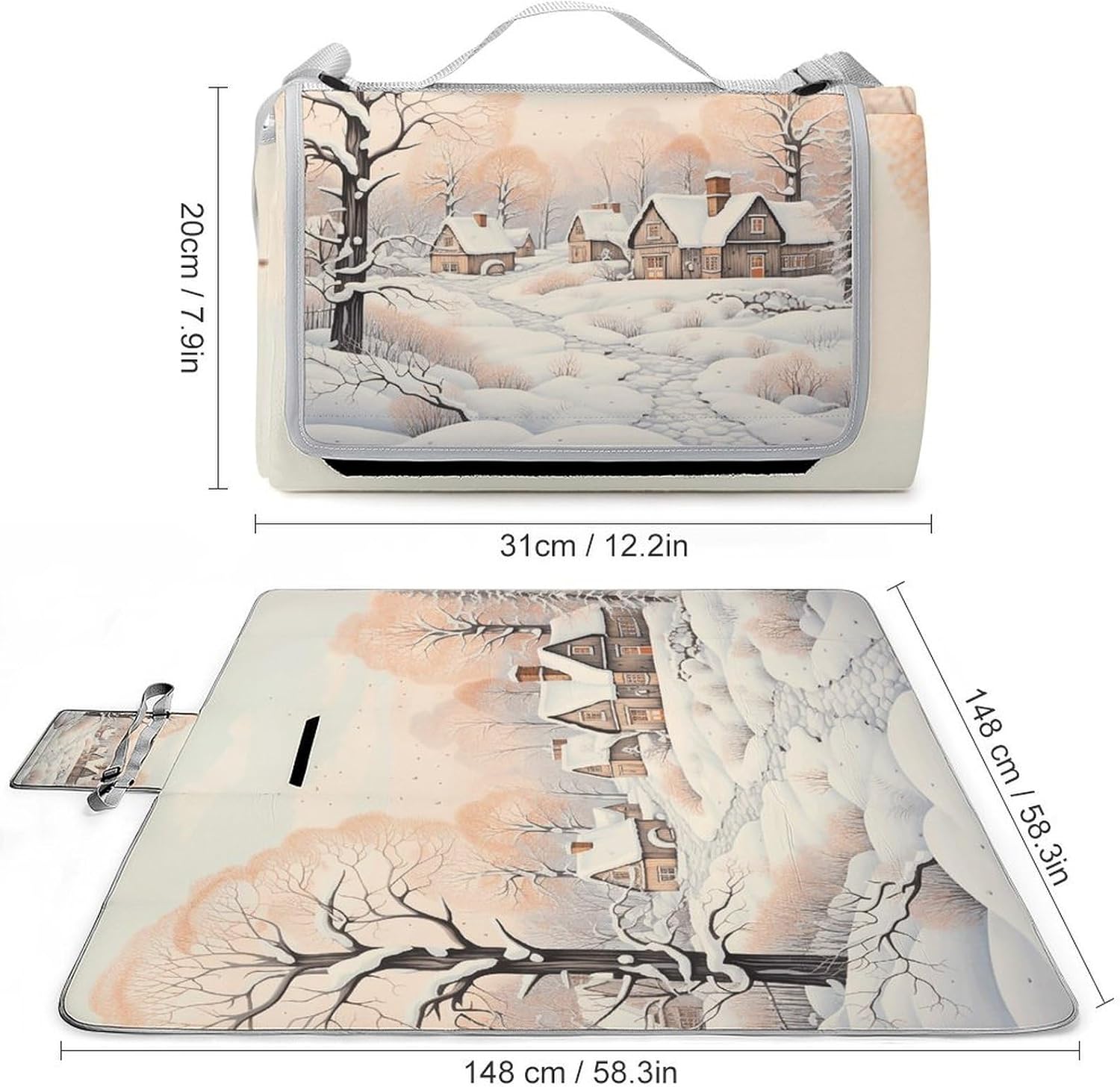 Snow and House Outdoor Mat Foldable ，Beach Blanket Waterproof Surface，Easy to Clean Travel Blanket， for Spring and Summer Grassland Camping