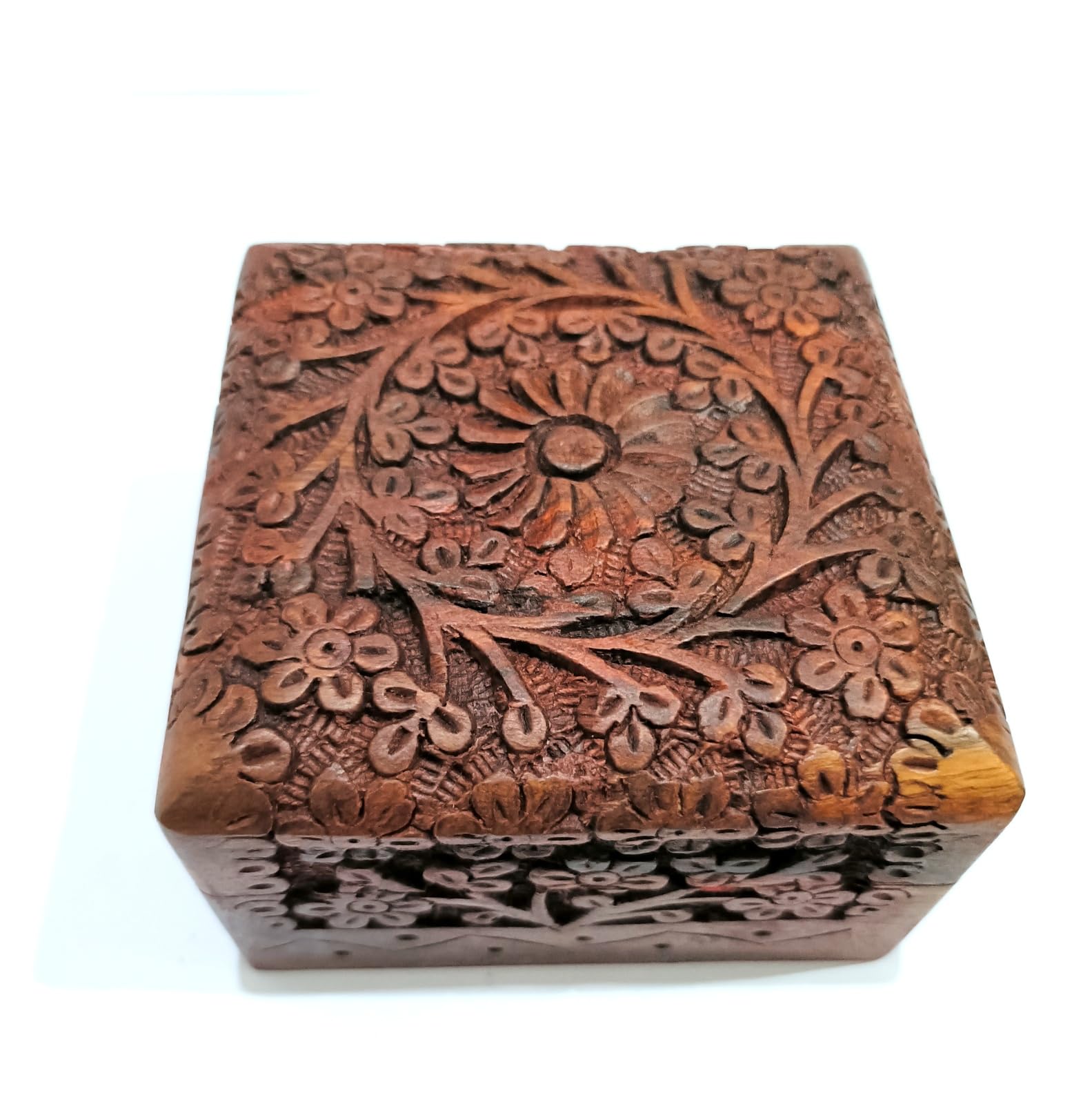 Boîte à bijoux en bois fait main à couvercle sculpté floral pour petits accessoires