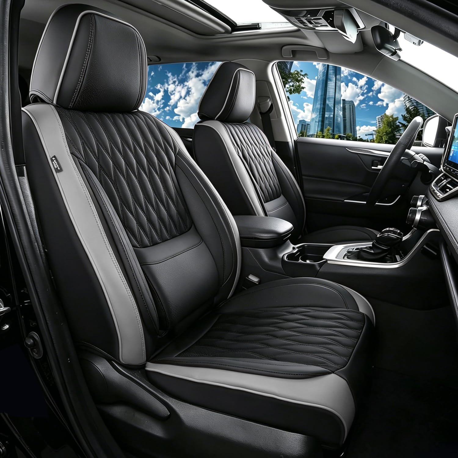 Car Seat Covers , Luxury Breathable Waterproof Faux Leatherette Car Seat Covers Cushion Protectors with Lumbar Support, Car Seat Cushion, Universal Fit Most Cars (Black-Gray, Full Set - 5 Seats)