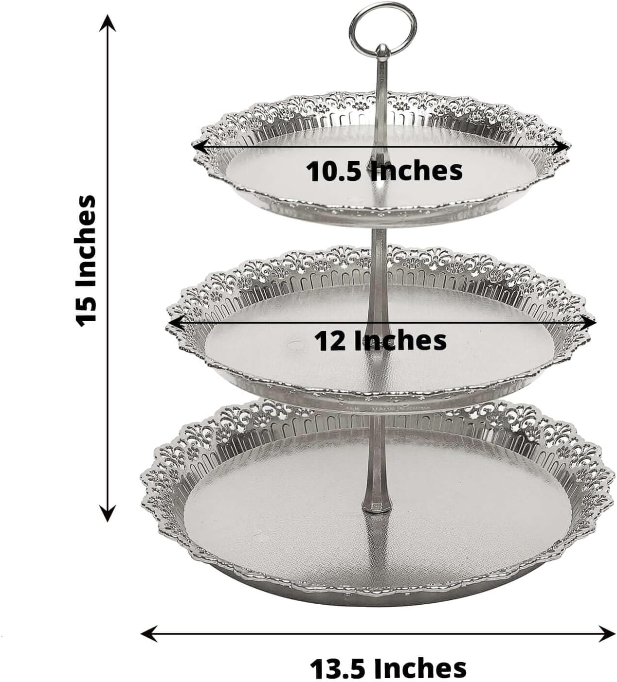 Efavormart 3-Tier Silver Cupcake Stand Lace Cut Scalloped Edge Dessert Tower, Decorative Baby Shower Pastry Display - 15" Tall