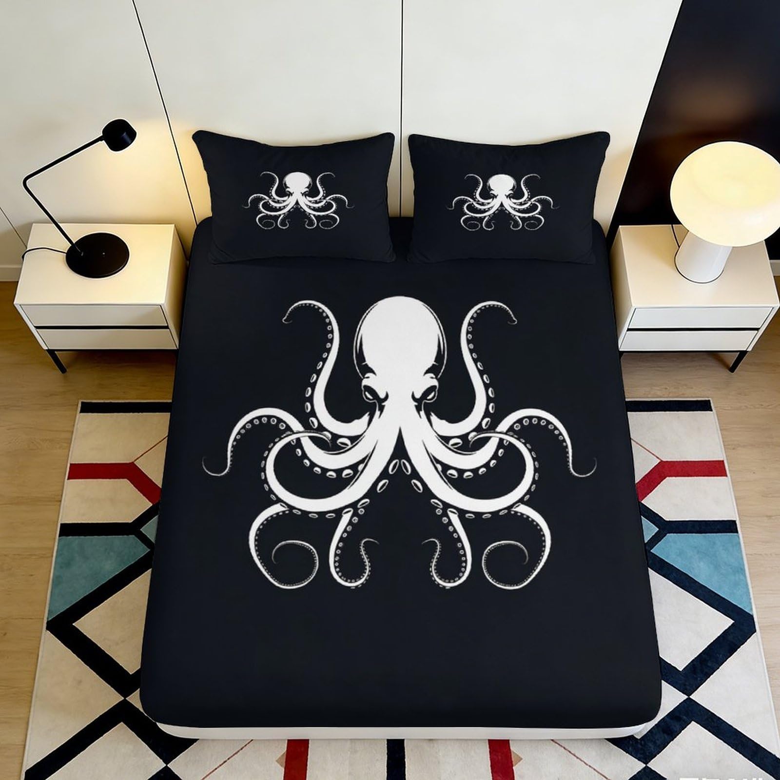 3D Printed Octopus Fitted Sheet Microfiber Black Bedroom Decor Sea Creature Bed Cover for Adults Teens 90x200x25cm