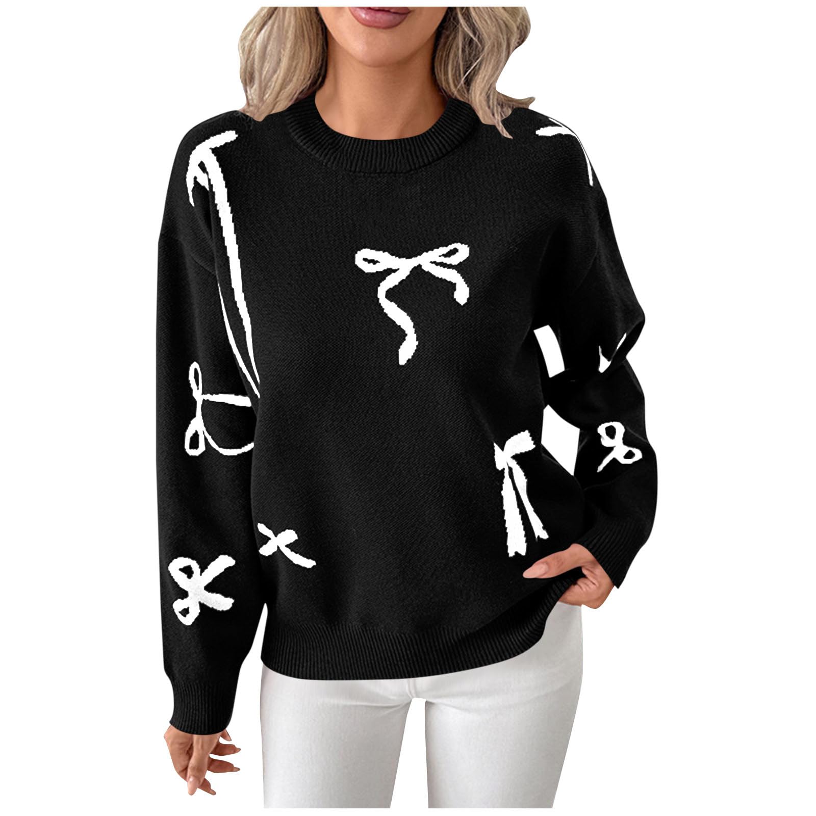 Chritsmas Sweater Womens Trendy Bow Sweater Lightweight Casual Long Sleeve Pullover Crewneck Soft Jumper Knitwear
