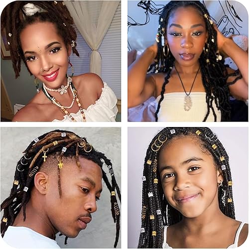 Miniatura 6 de Qingchuang 241 piezas de joyas para el cabello para trenzas, rastas de metal dorado y plateado, conchas de imitación de madera, puños ajustables,