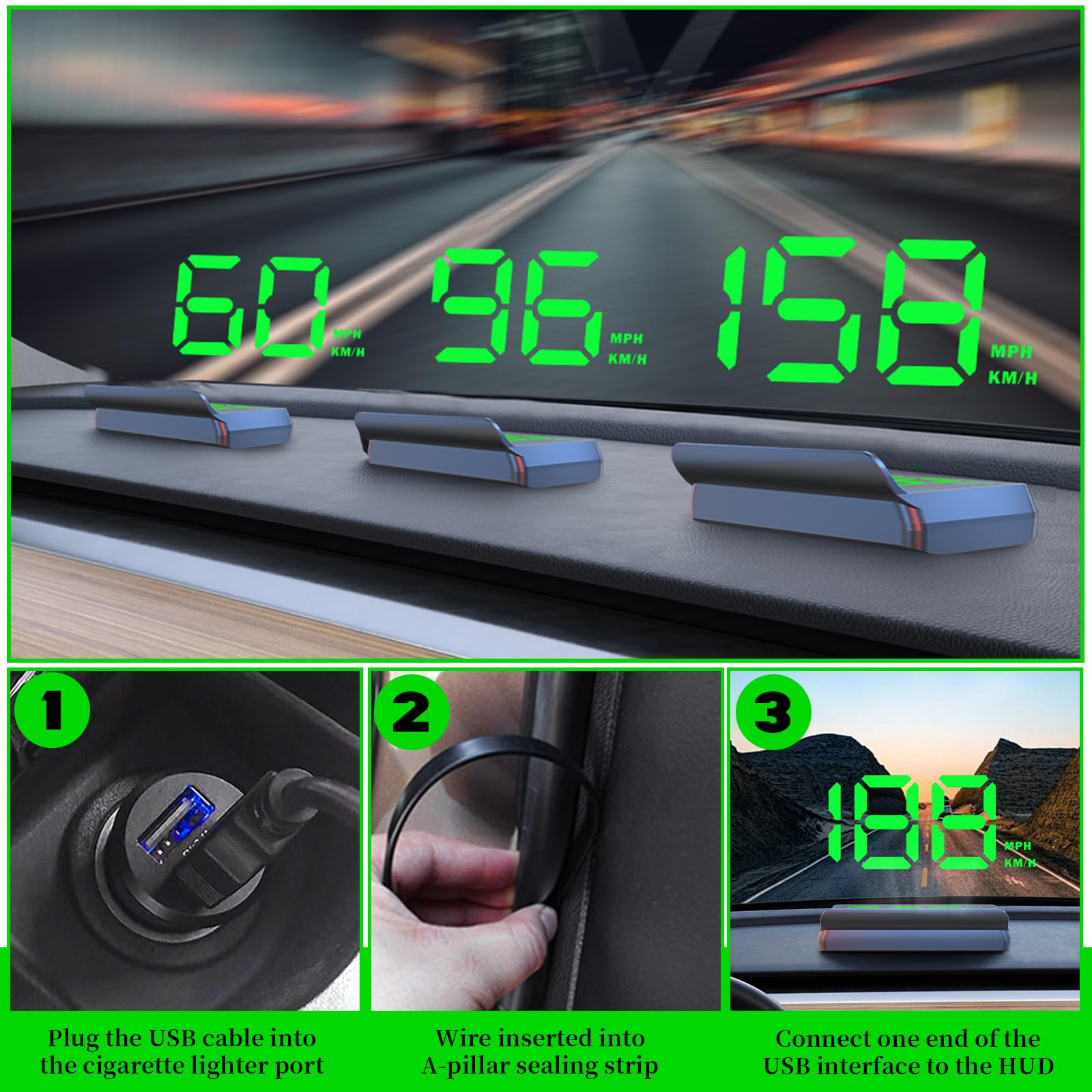HhBdy Head Up Display, 9 cm Velocimetro Coche USB Plug and Play Velocimetro Digital GPS Universal Pantalla Car Head Up Display con Capota para Todo Tipo de Vehículos (Luz Verde)