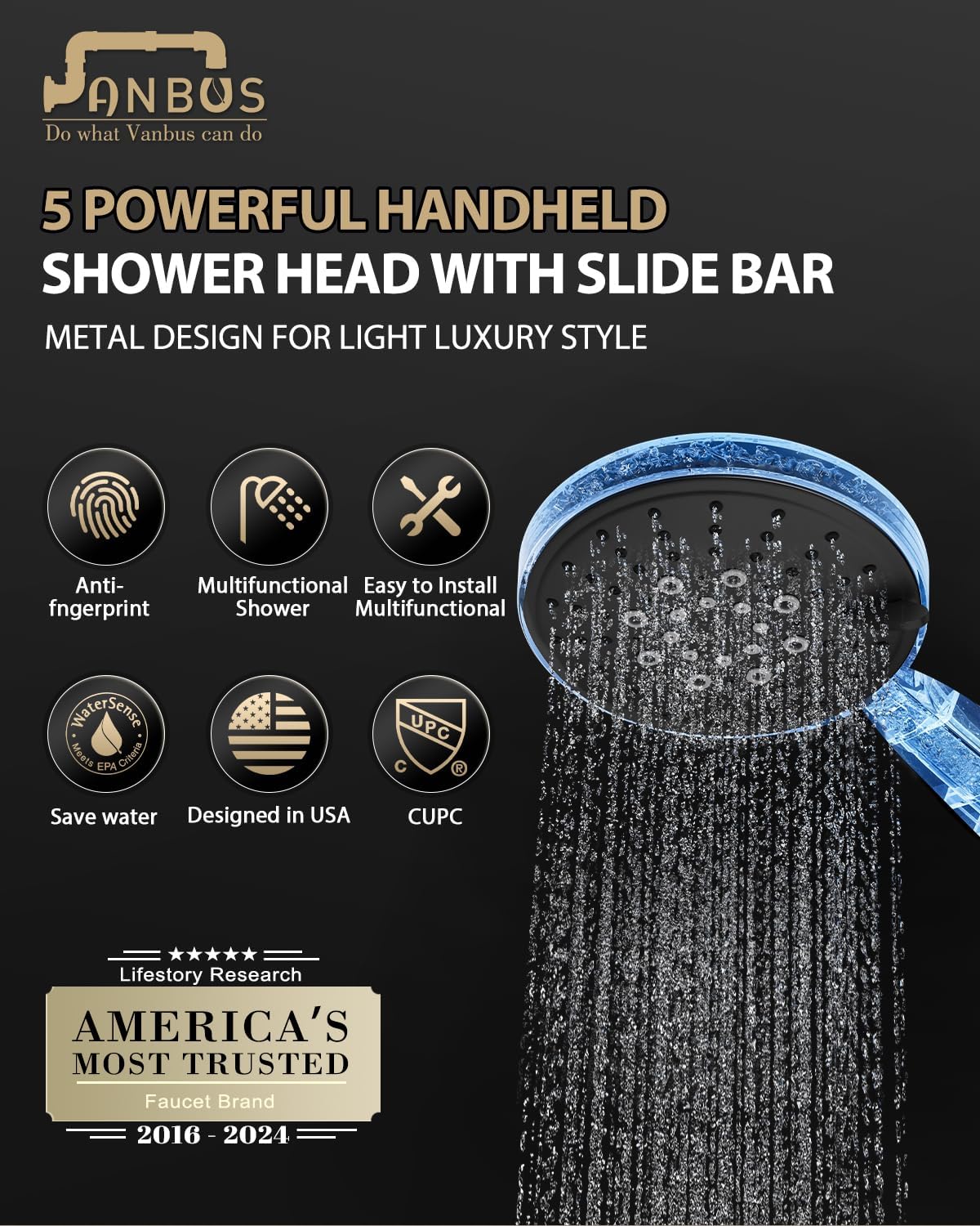Eco-Performance Matte Black Handheld Shower with Adjustable 32-Inch Slide Bar and 59-Inch Hose, 5-Function Hand Shower offers Personalized Spray Options