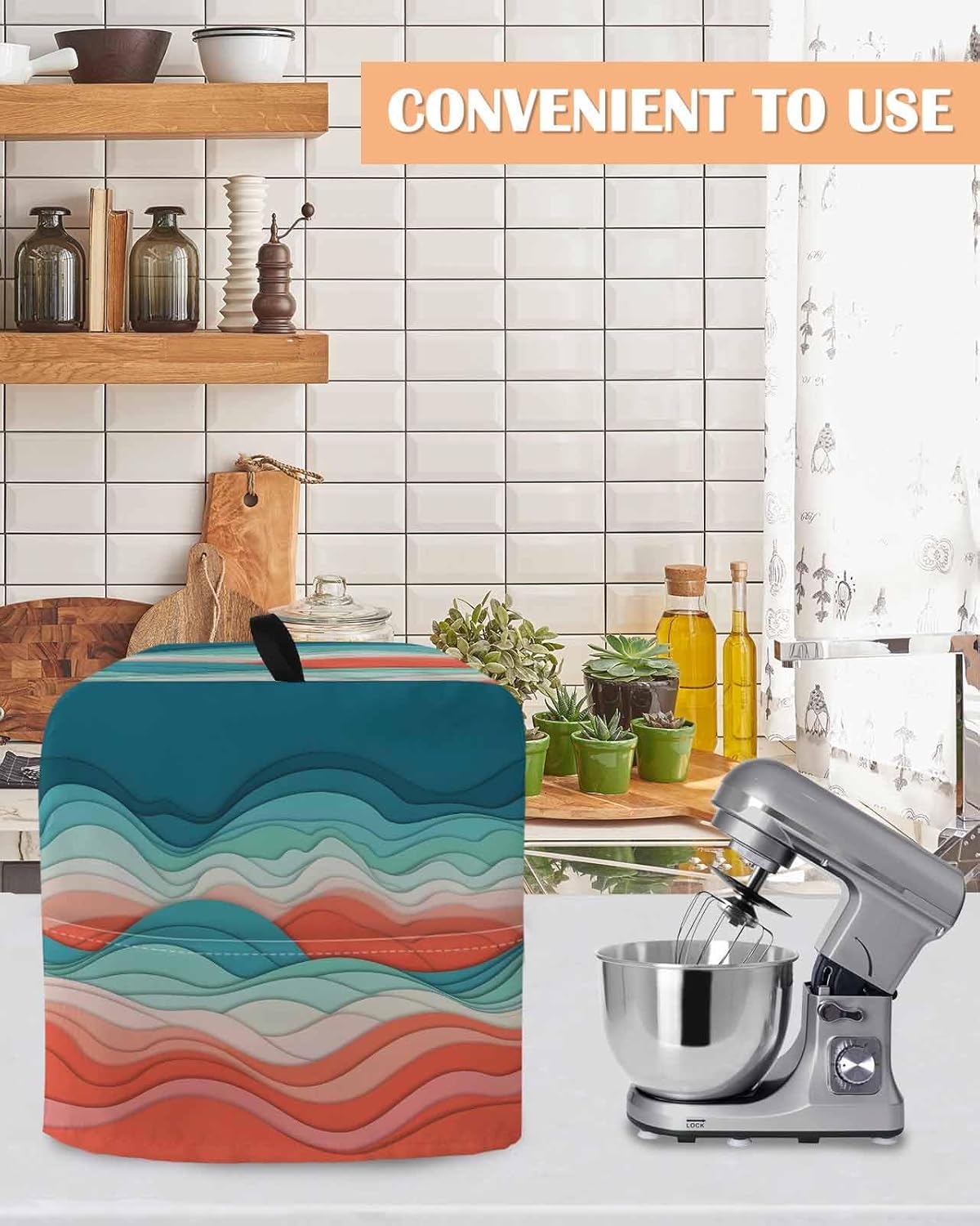 Teal Red Ocean Waves Stand Mixer Cover with Storage Pocket, Waterproof Kitchen Mixer Covers, Summer Beach Coastal Abstract Kitchen Appliance Dust Cover Compatible with 4/4.5 Quart Mixers