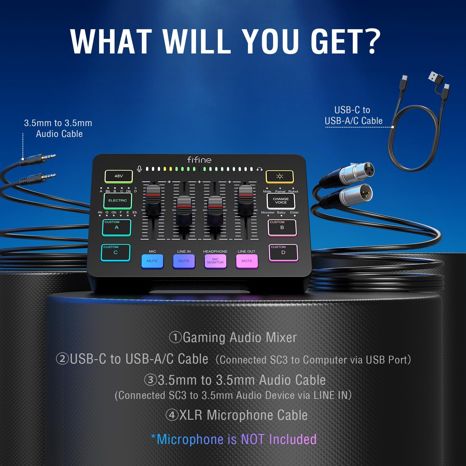 Contents of the FIFINE Gaming Audio Mixer package, showing the mixer, USB cable, 3.5mm audio cable, and XLR microphone cable.