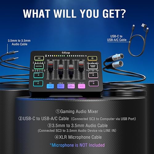 Miniatura 9 de FIFINE Mezclador de audio para juegos y cable XLR, mezclador de PC RGB de transmisión con interfaz de micrófono XLR, para podcastvocalvoz de juegos,