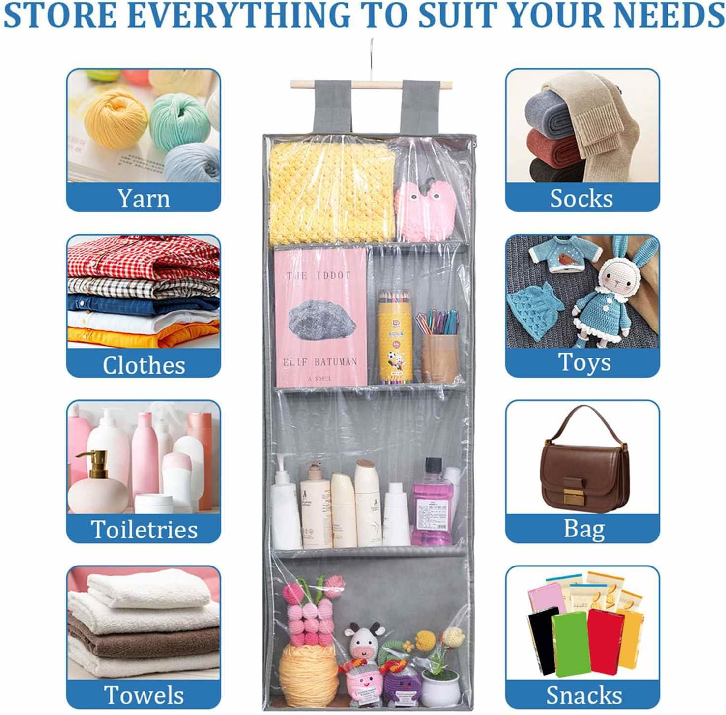 ITEFDTUTNE Over The Door Organizer, Double Sided Zip Washable Non Woven PVC Clear Hanging Dust Proof Door Rack Organizer for Kids Bedroom Nursery Toy Shoe (Grey)