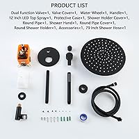 Vista 9 de SKOWLL Sistema de grifo de ducha de baño, montaje en techo, juego de cabezal de ducha LED de 12 pulgadas con válvula mezcladora de ducha de 2