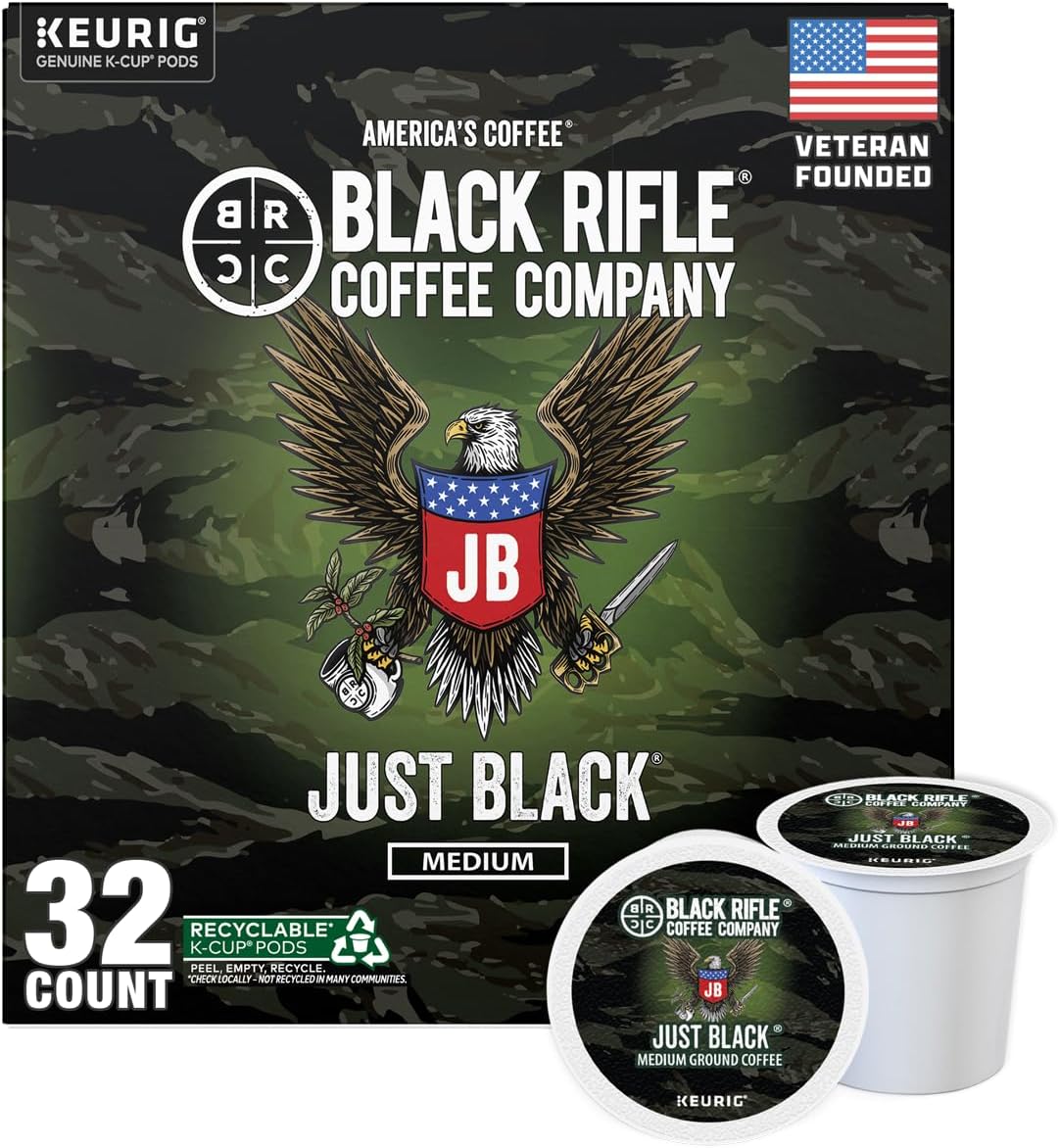 Black Rifle Coffee Company Just Black, 32 Count, Medium Roast K Cups - Single Serve K Cups Coffee Pods - Kcup Pods Compatible with Keurig 1.0 & 2.0 - Made from Arabica Beans