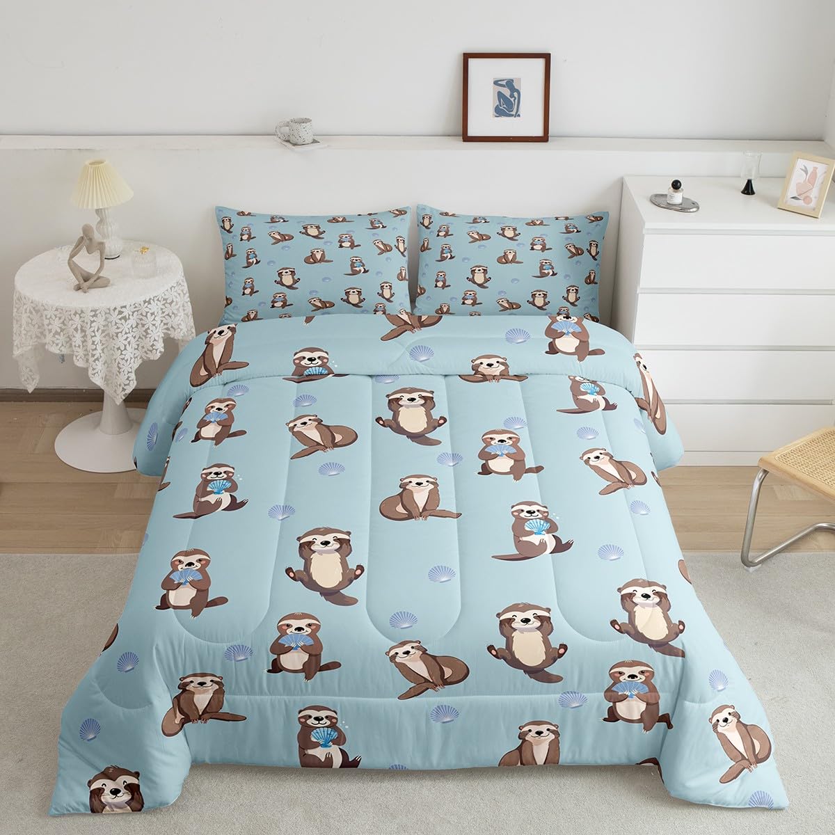 Feelyou Kids Cute Sea Otter Bedding Set Blue Ocean Shell Comforter Set for Girls Boys Kawaii Underwater Animal Decor Comforter Soft Quilt Twin Size