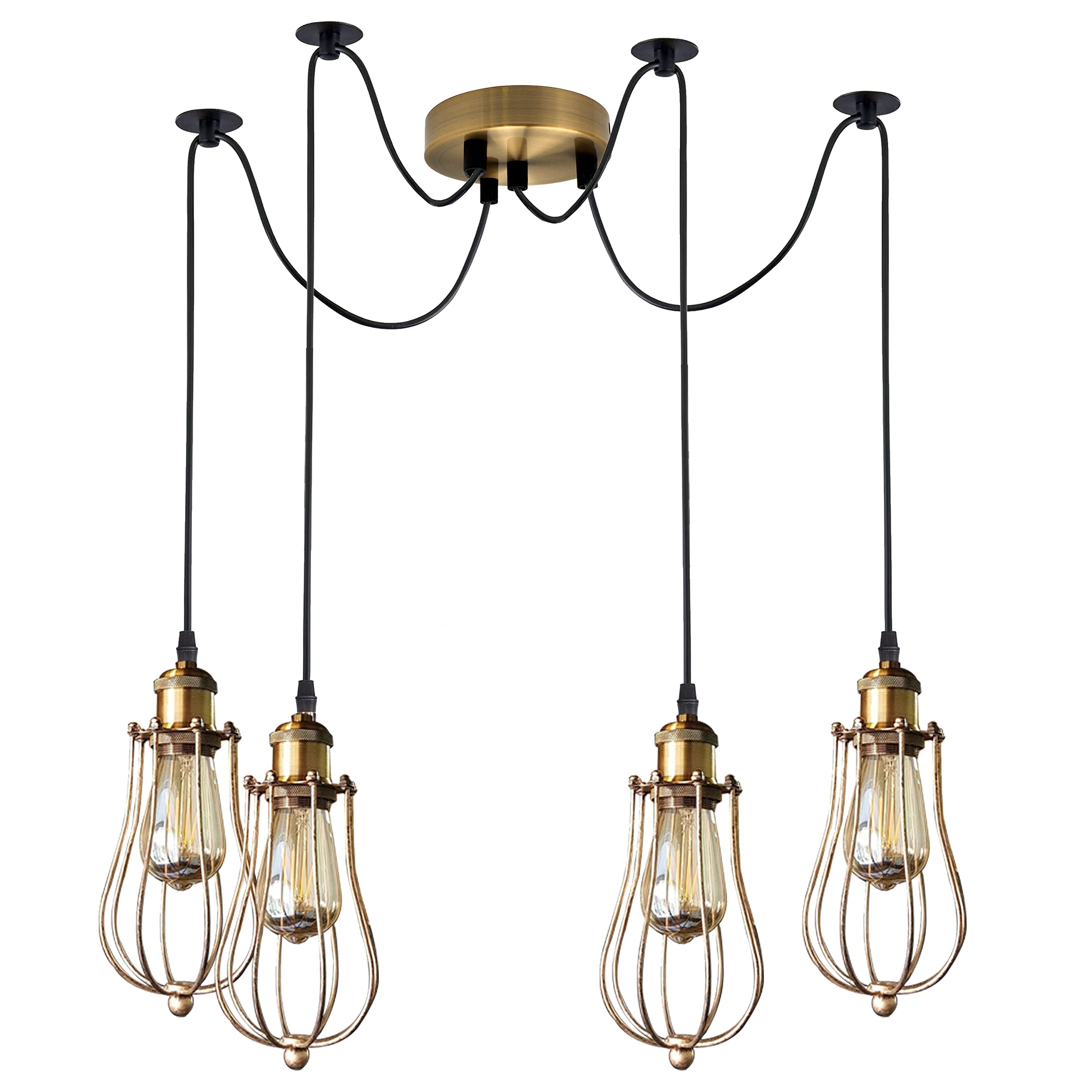 LEDSone Industrial Retro Modern Brushed Copper Four Head Adjustable Pendant Light, Metal Wire Cage, Ceiling Fitting Light for Indoor Light for Bedroom, Living Room, Study Room (4 Head, with Bulb)