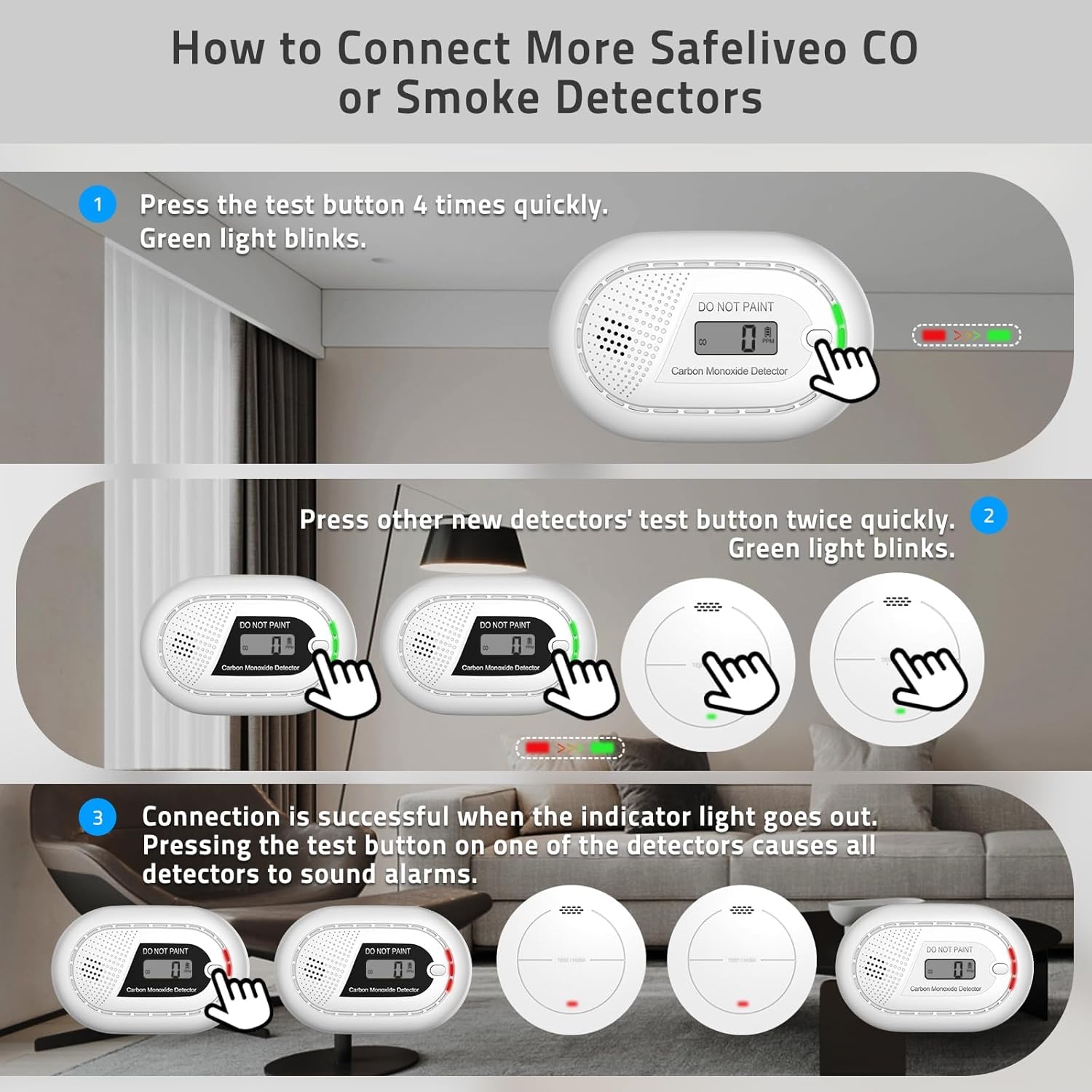 Safeliveo Detector Monoxido de Carbono con Pantalla Digital LCD, EN 50291, 10 Años de Vida Útil del Sensor, Alarma de Batería Baja, 2 Pieza Negro（No se Puede Utilizar con la estación Base）