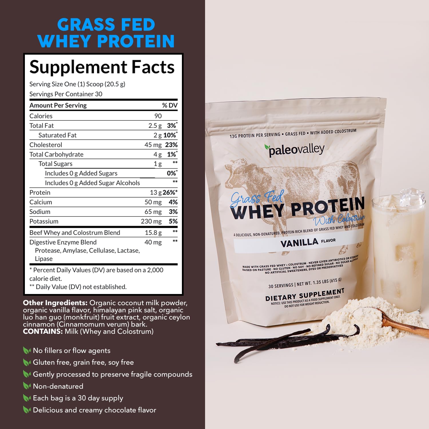 Paleovalley 100% Grass Fed Whey Protein Powder with Colostrum, Vanilla — Amazon image 2