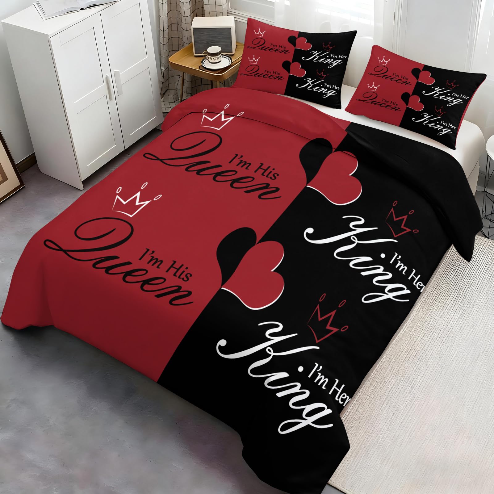 Romantisches King Queen Pärchen Bettwäsche Set Rot Schwarz Herz Krone Bettbezug mit Kissenbezügen Romantische Liebe Bettwäsche Liebesmotiv Schlafzimmer Dekor Super King 260x230 cm
