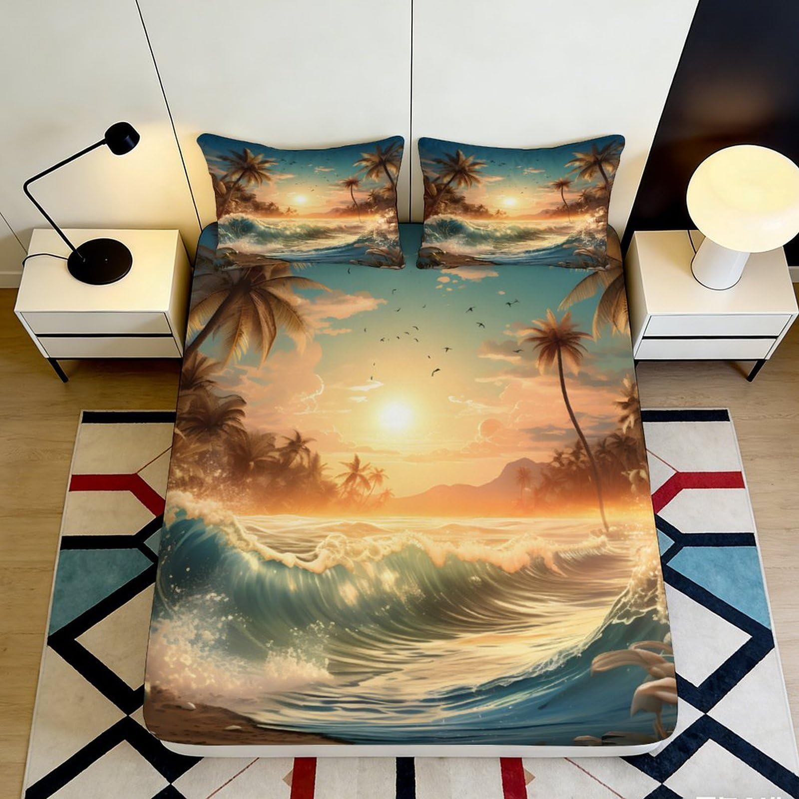 3D Printed Beach Sunset Fitted Sheet Microfiber Deep Pocket Bedroom Bedding Ocean Scene Mattress Fitted Cover Washable Protection 120x200x25cm