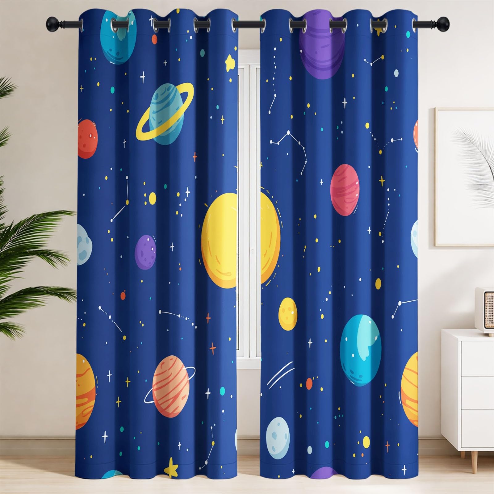 Rideaux Opaques Isolants Thermiques À Oeillets Espace Système Solaire, Rideau Occultant Planètes Étoiles, Décoration de Fenêtre pour Salon Cuisine Bébé 2 Pièces L 140 x H 250 cm