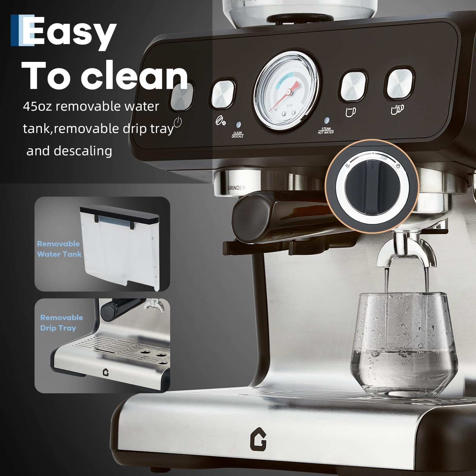 Macchina per espresso da 20 bar con smerigliatrice integrata, serbatoio rimovibile da 2,8 litri, volume di alimentazione regolabile e barra di vapore, macchina da caffè in acciaio inox