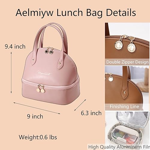Miniatura 2 de Lonchera aislada para mujer, lonchera rosa de doble cubierta para adultos, lonchera de piel sintética, reutilizable, para mujeres, con trabajo,