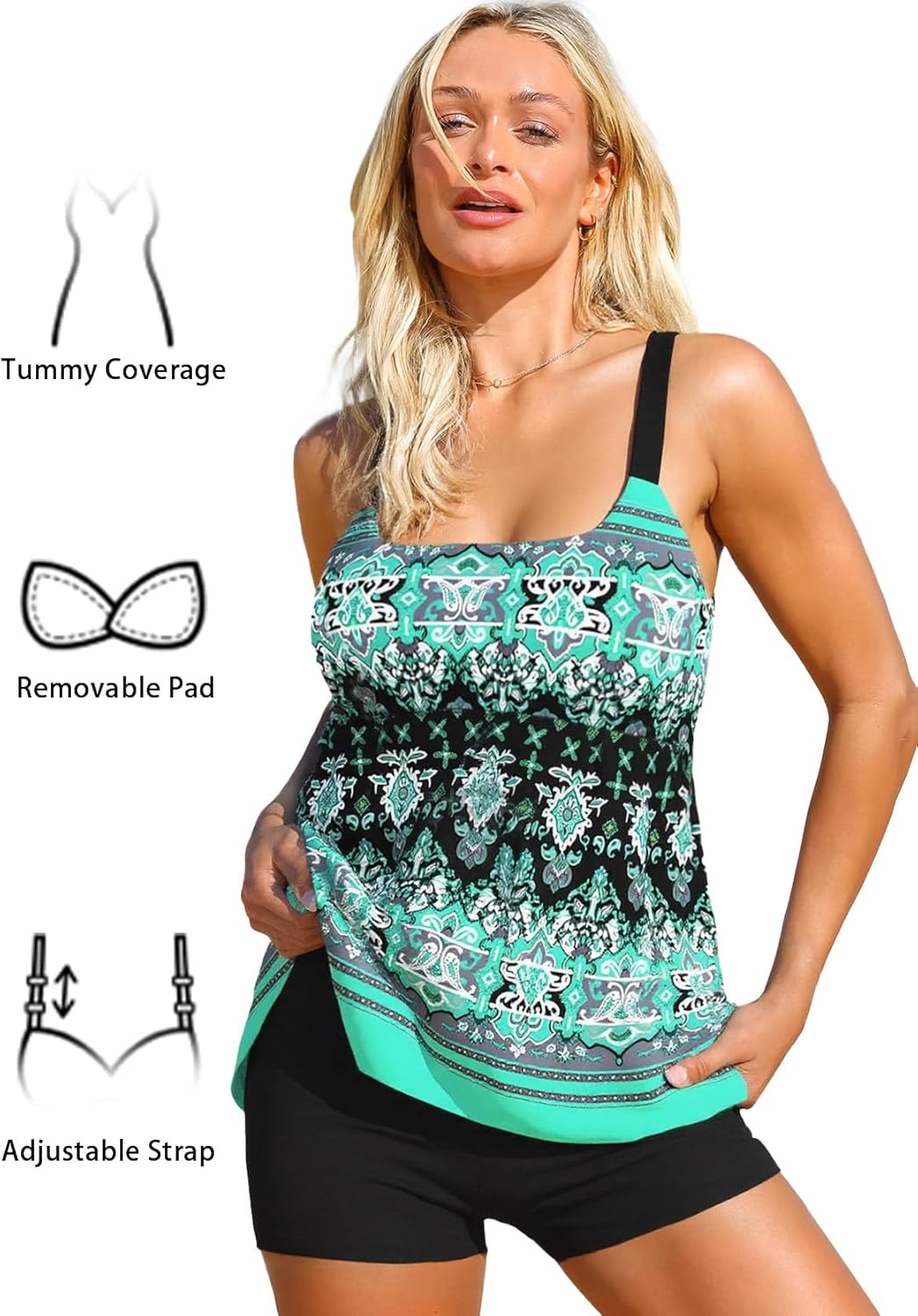 MODLILY Two Piece Tankini Swimsuits for Women, Modest Coverage Print Bathing Suits, A-line Tank Top with Boyshorts - Image 6