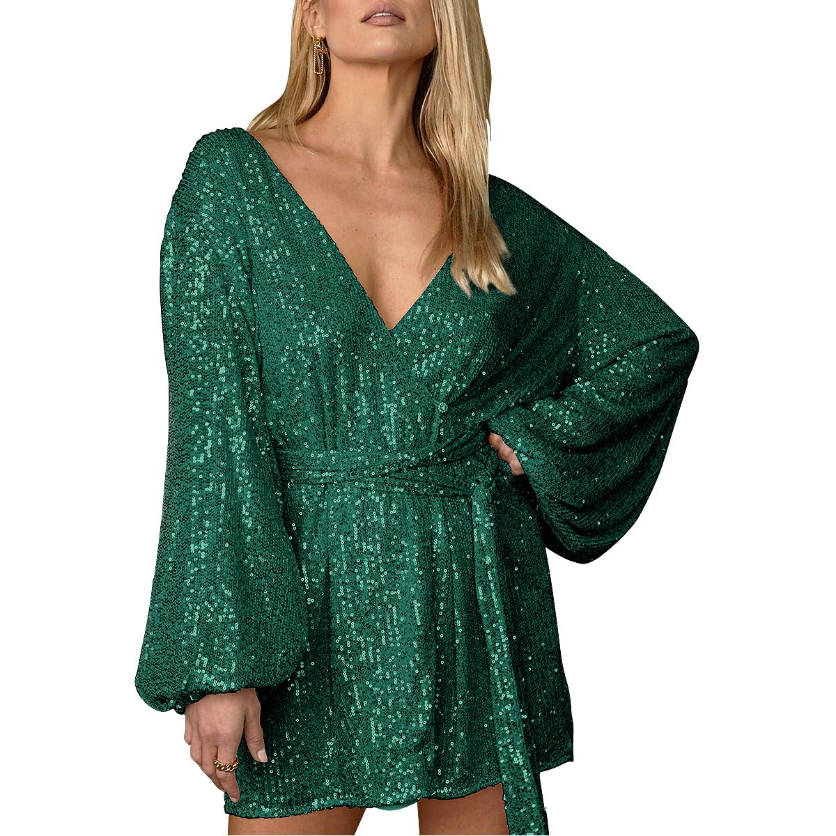 Women's Long Sleeve Sequin Short Dress Sparkly Glitter V Neck Tie Waist Sexy Party Club Cocktail Mini Dresses