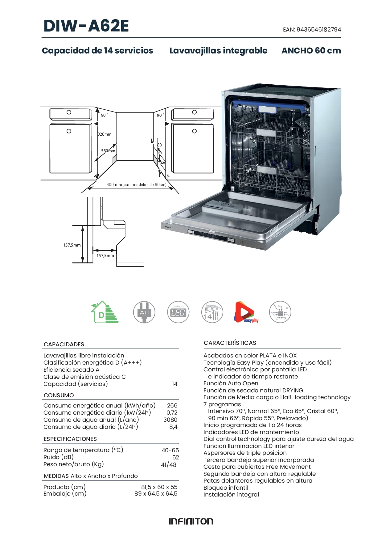 INFINITON DIW-A62E – Lavavajillas integrable, Plata/Inox, 14 servicios, 7 Programas, Tercera Bandeja, Función media carga, Auto Open, Inicio programado