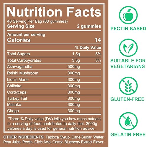 Miniatura 7 de Gomitas Ashwagandha con mezcla de súper hongos Gomitas de hongos con melena de león, reishi, cola de pavo, cordyceps, KSM 66, Shiitake Apoyo