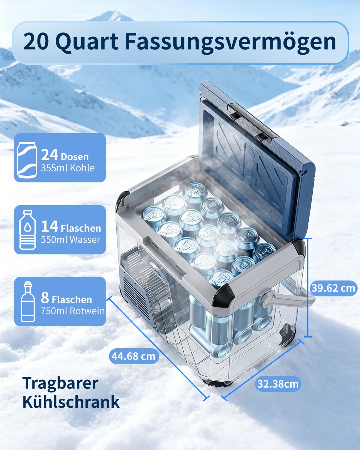 Kompressor Kühlbox, 18L Mini Kühlschrank Elektrische Camping-Gefrierbox, -20°C - 20°C für Camping, Wohnmobil, LKW, Boot, Reisen & Outdoor, 12/24V & 230V Auto Kühlschrank