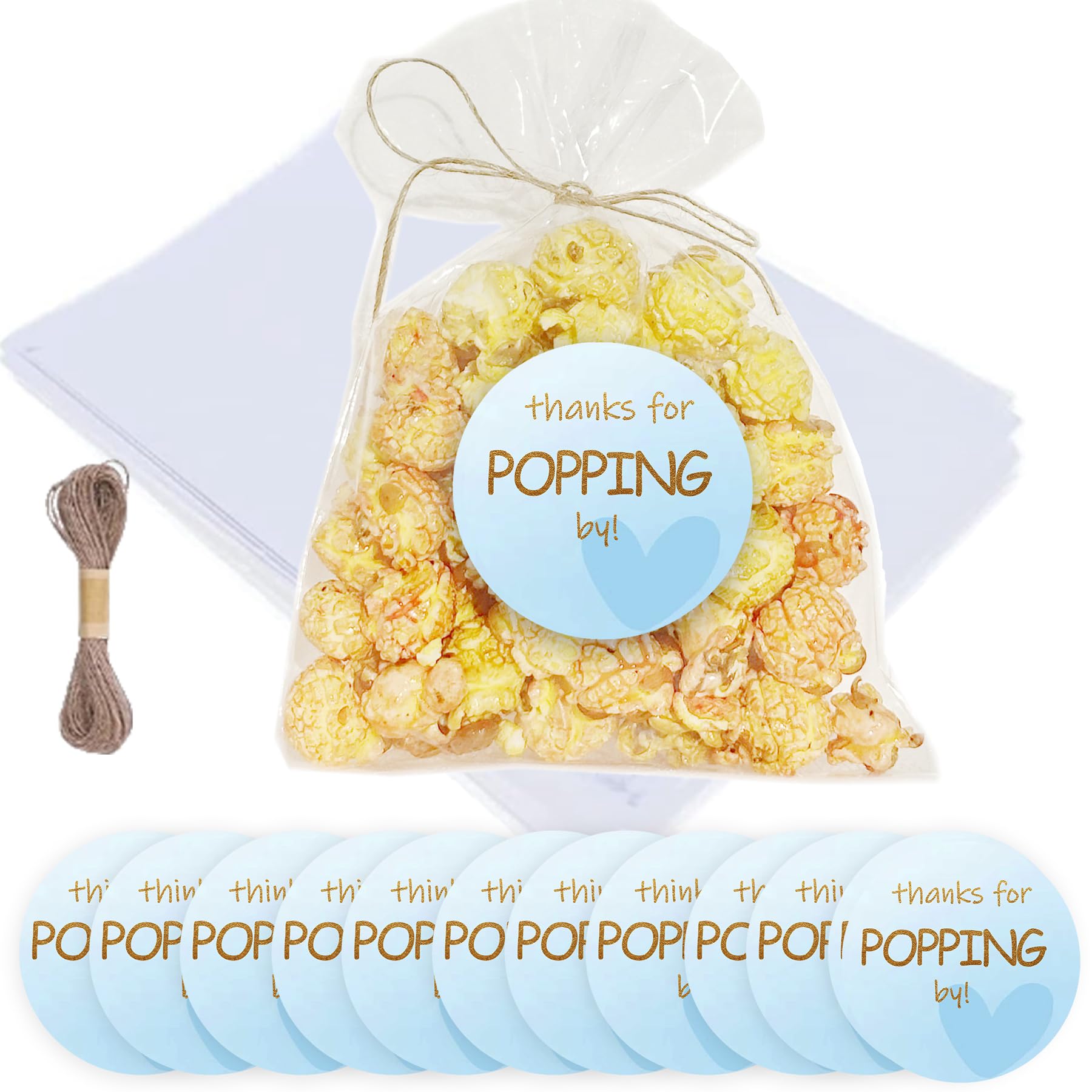 MKISHINE 50 Set Baby Shower Popcorn Bags, Thank You Tags Clear Popcorn Favor Bags with String, Cellophane Treat for Baby Shower Favor, Food Storage, Gender Reveal Party Supplies (blue)
