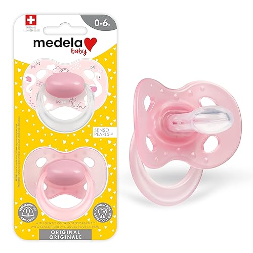 Medela Chupete para bebé, de 0 a 6 meses, sin BPA, ligero y de ortodoncia, paquete de 2 unidades, rosa y rosa con diseño de cisne y mariposa